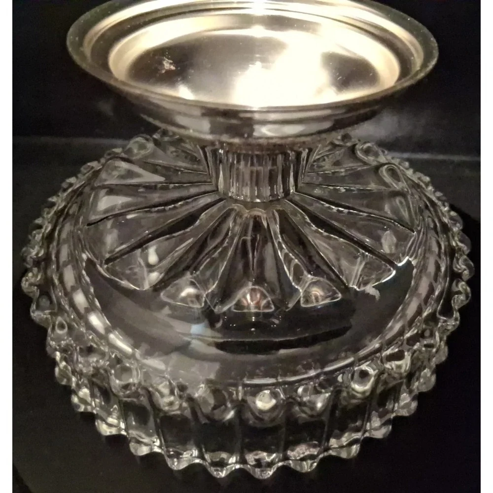 Vintage Diamond Point Glass Dessert Dish with Silver-plate Base